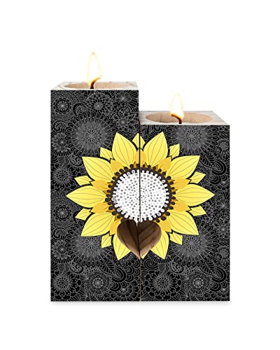 Heart-Shaped Candle Holders For Table Centerpiece - Sunflower Mandala Black And Yellow Tealight Candle Holder Set - Wooden Candlestick Home Decorations For Friend Couple #TOP1