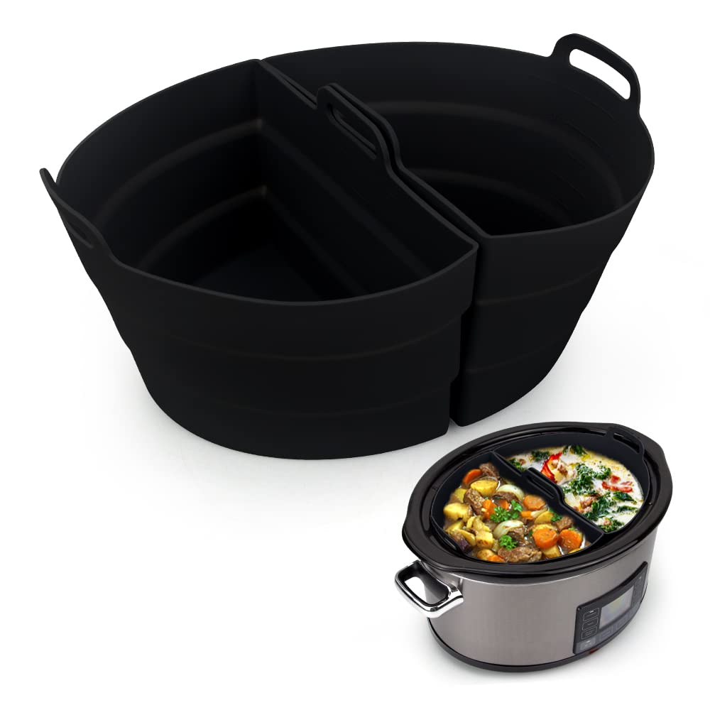 ChefAid Slow Cooker Divider Liners with Handle, 100% Silicone Reusable Slow Cooker Liners Compatible with 6-8 Quart Oval or Round Slow Cooker, Fits 7 Quart Crockpot Liners (Black, 2 Pack)