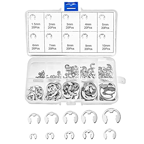 Fiteber E-clips Anneau de Retenue, 200 Pièces Assortiment Circlips Snap avec Boîte de Rangement, Bagues d'arrêt Circlips 1,5/2/3/4/5/6/7/8/9/10 mm (10 tailles) Cover