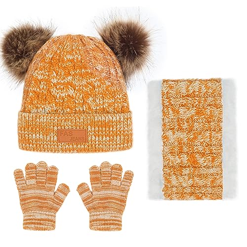 3pcs Kids Winter Hat Scarf Gloves Set, Fleece Lining Beanie Hat with Pom, Knit Gloves Neck Warmer for Girls Boys 2-6 Years2