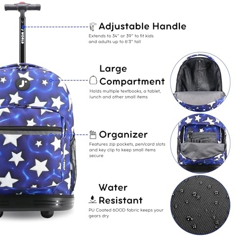 Image of J World Sunrise Kids Rolling Backpack with Wheels for Girls Boys, Roller Bookbag for School, 18 x 13 x 9 Inches, Puffy Star