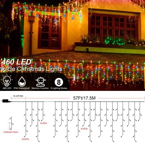 ZAKAZAKA Christmas Icicle Lights Outdoor, 460 LED/17,5m Curtain Fairy String Light Decorations, 8 Modes Clear Cable String Light Party Decor for Window, Garden, Wall, Gazebo Outside (Warm White)