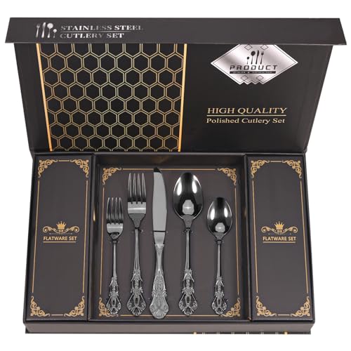 Retro Royal Black Silverware Set With Gift Box For 8 Cutlery Set Utensils Stainless Steel Flatware 40 Pieces MIKIWAY Kitchen Tableware Set For Gifts Festive, Dishwasher Safe, Mirror Polishing