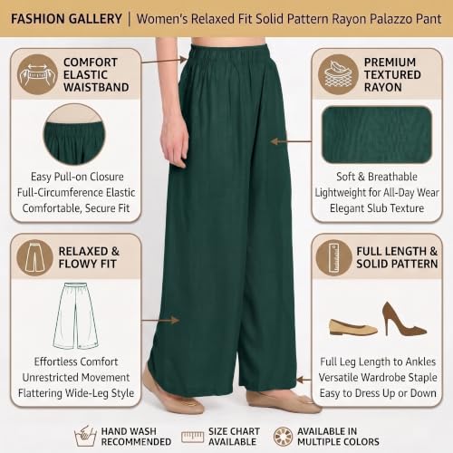 Image of FASHION GALLERY Women's Solid Rayon Palazzo Pants | Relaxed Fit Full Length Wide Leg Palazzo | Elastic Waist Comfortable Casual Lounge Office Ethnic Flared Trousers for Women