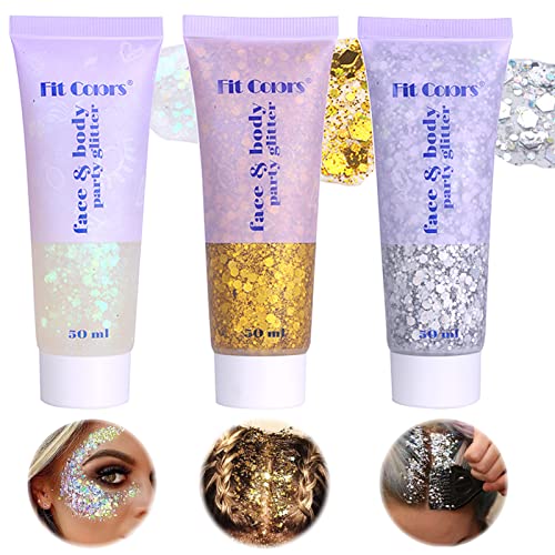 Miioto Gel Paillettes Visage,Paillette Cheveux Visage,Maquillage Paillette Paillettes Corps,Sequins Glitter pour Cosmétique Visage Lèvres Ongles Festival Fête Maquillage Décoration 3 Couleurs (B)