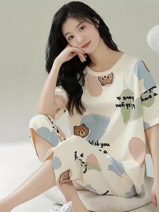 Image of Lunza Women's Cotton Pajama Set with Top & Pants|| Korean Night Suit|| Lightweight Printed Set || Soft & Comfy Sleepwear for Girls & Women