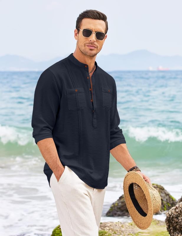 Image of Macsivo Combo of Men's Regular Fit Cotton Blend Solid Casual Short Kurta with Mandarin Collar and Pockets Kurta Pack of 2