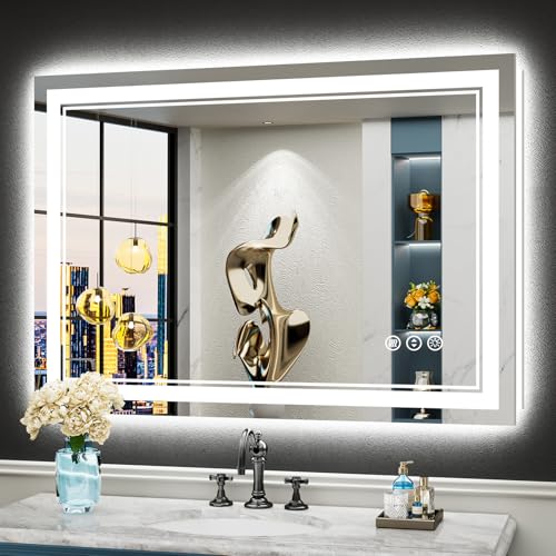 Image of 44x30 LED Bathroom Mirror with Lights, Backlit and Front Lit Anti-Fog Lighted Vanity Mirrors for Bathroom Wall, Dimmable, 3-Color Light, Memory, Shatter-Proof, HD Tempered Glass, CRI>90