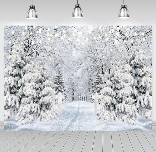 Fondo de fotografía de bosque de invierno, copo de nieve, pino nevado, fondo para Navidad, decoración de fiesta de vacaciones Xmax, pancarta de feliz año nuevo (240 x 180 cm)