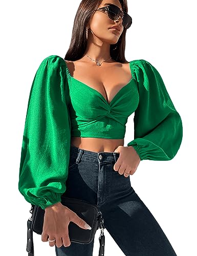 VIDUSSA Women's Puff Long Sleeve Crop Tops Twisted Knot Front V