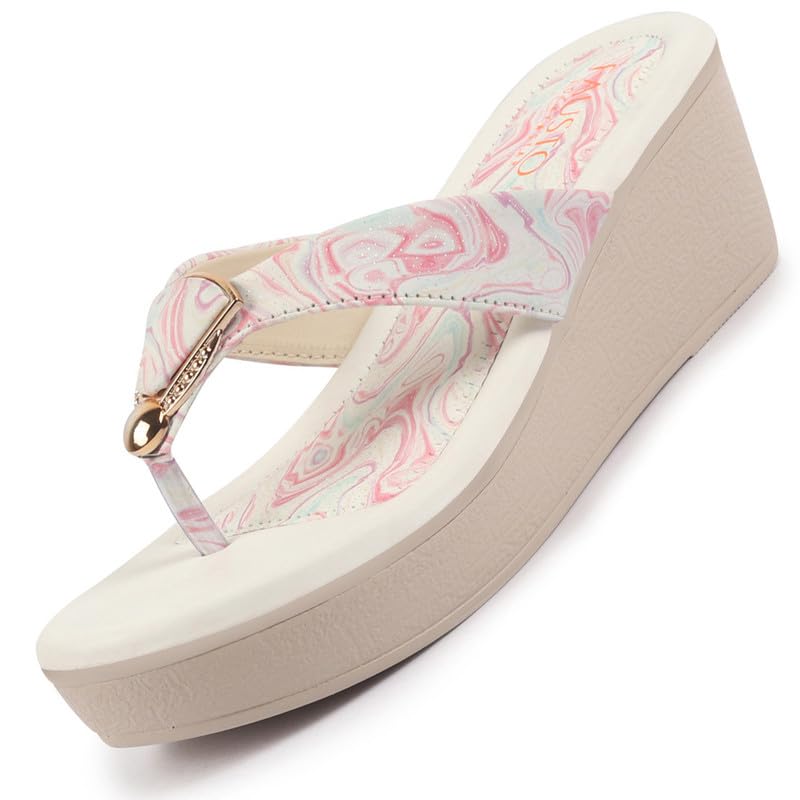 FAUSTO FST KI-664 PINK-36 Womens Pink Abstract Print Glossy Buckle T Strap Wedge Sandal With Cushioned Footbed|Broad Feet Sandal For Party|Festive|Wedding (3 UK) (B0D8Q8Y5RN) Amazon Price History, Amazon Price Tracker