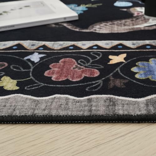 Round Rug 4ft Washable Circle Rug Non Slip Low Pile Boho Floral Animal Cat Small Circular Rug for Bedroom Bathroom Entryway Kids Room Office College Dorm, Black