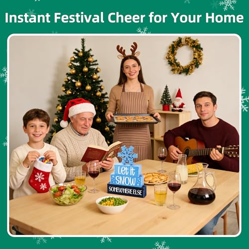 Image of 4 Pcs Christmas Wooden Tiered Tray Decor, Snowflake Christmas Decorations Gifts for Home, Winter Table Centerpiece for Xmas Party Kitchen Office