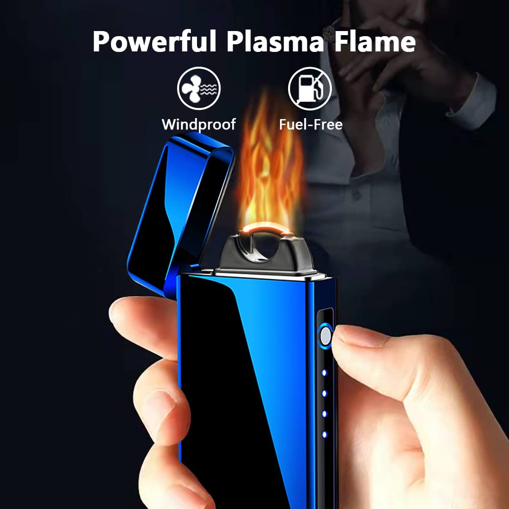 YOZWOO Briquet électrique à arc rechargeable, coupe-vent, USB avec indicateur de batterie LED, pour camping, barbecue, bougie (bleu ustre)