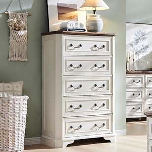 T4tream farmhouse 5 drawers dresser for bedroom 48 tall wood rustic chest of drawers with natural texture vintage design storage dressers organizer for bedroom living room hallway antique white  urban country home decor