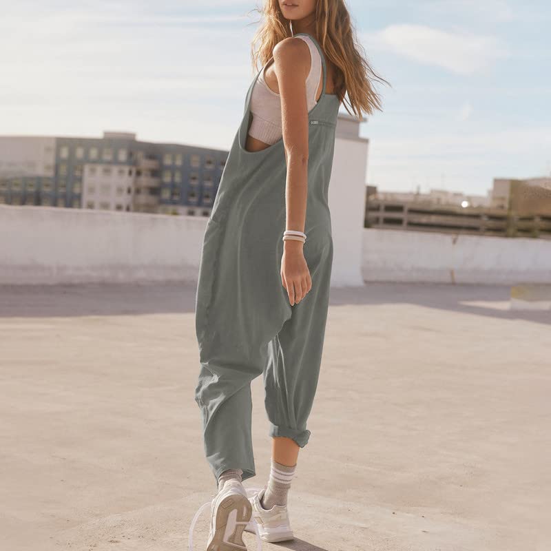 Litthing Salopette Femme Jambe Large Combinaison Pantalon Décontracté Avec Poches Ample Taille Fermeture Éclair Jumpsuit Bretelles Fines Grand Baggy Doux Confort Bodycon