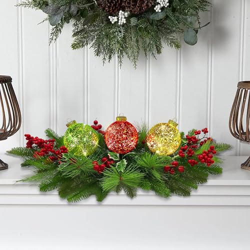 Decorações de mesa de Natal, centro de mesa iluminada com bolas brilhantes de LED operadas por bater...