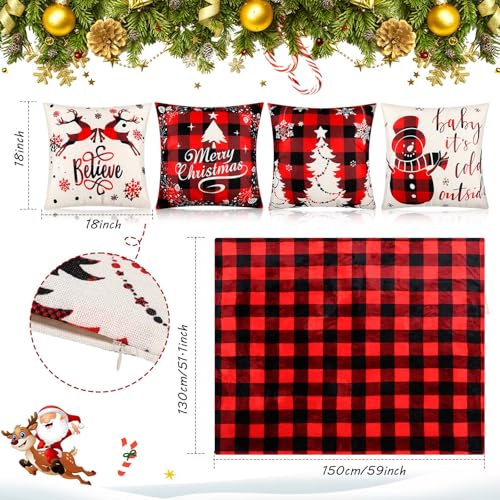 Manta de sofá de franela roja con fundas de almohada de Navidad para hogar 3