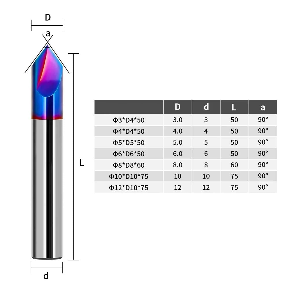 Fresa de carburo 90 grados for chaflán HRC65, ranura en V, 2-3 flautas, herramienta fresado metal con revestimiento azul nano for tallado, biselado y desbarbado(D10X75LX90R 2Flute)