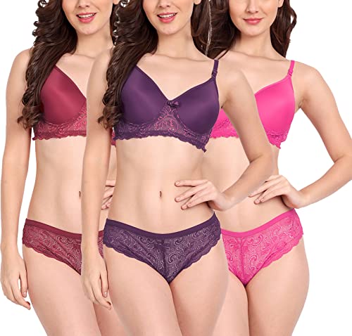 Image of FIMS - Fashion is my style Women Cotton Floral Lace Padded, Non-Wired, Full Coverage, Seamless Bra Panty Set, Multicolor, Lingerie Set