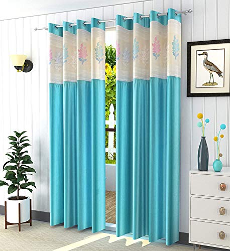 Image of Polyester Floral Patch Printed Curtains for Home Decor, Windows, and Long Door (Set of 2 Pcs) (Aqua 7 Feet)