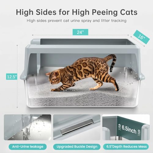Image of WoofiGo Stainless Steel Cat Litter Box with Lid, XL Extra Large Metal Kitty Litter Box Enclosed for Big Cats, High Sided, Anti-Urine Leakage, Non-Stick Bottom, Include Litter Mat & Metal Scoop (Gray)