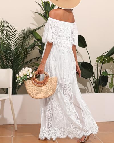 Holipick Women's Off Shoulder Lace Maxi Dress Boho Wedding Guest Bridesmaid Beach Formal Long Dress2