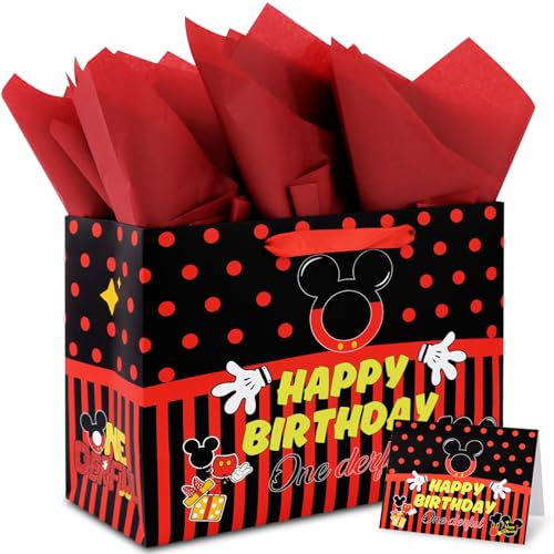 BAOOOFUL 13 Red Mouse Theme Happy 1st Birthday Gift Bag with Tissue Paper and Greeting Card for Party Birthday Wrapping Paper for Boy and Girls Party Decorations Party Supplies(1 Pcs)