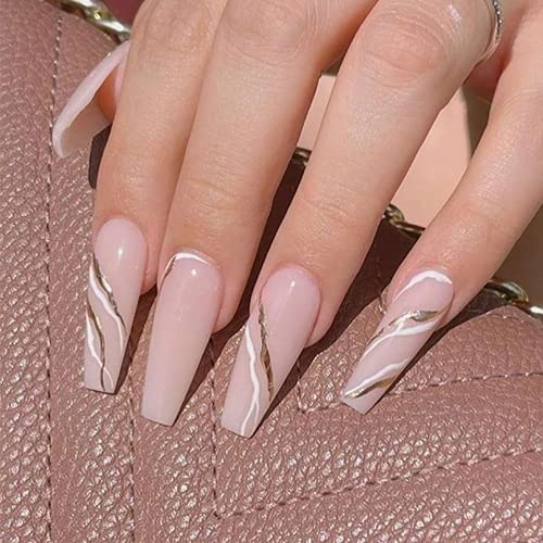 24Pcs Long Coffin False Nails Ballerina Press On Nails Almond Medium Full Cover Designed Acrylic False Nails Art Nail Tips for Women and Girls (STYLE1)