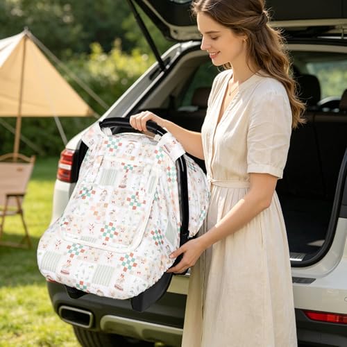 Image of SWESEN Car Seat Cover Baby, Summer Carseat Covers Baby Girl, Soft carseat Canopy Snug Fit Baby Stroller, Dual-Layer Protection, Cooling Mesh & Roll-Up Sun Shade, Elephant