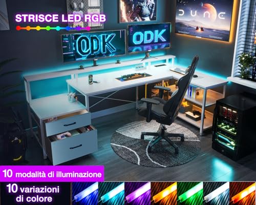 Scrivania con Cassetti, 189.3×100cm Grande Scrivania Angolare Reversibile con 2 Porte di Ricarica USB e 2 Prese di Corrente, Scrivania Gaming con LED, Scrivania ad L per Casa Ufficio, Bianco - Scrivania Gaming - Immagine 4