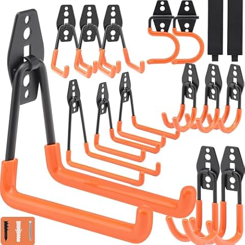 Aignis Upgraded 16 Packs Garage Hooks Utility Double Heavy Duty with Mop Broom Holders, Wall Mount Hooks, Garage Storage Organization and Tool Hangers for Power ＆ Garden Tools, Ladders, Bikes(Orange) Cover