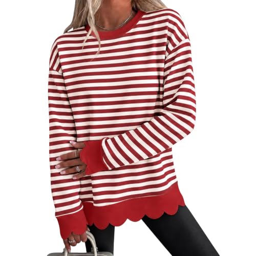 Womens Scalloped Crewneck Sweatshirt Striped Long Sleeve Tops 2026 Red - image 5