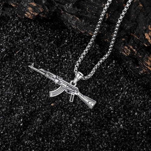Gun Necklace 925 Sterling Silver Hip Hop AK-47 Gun Pendant Necklace for Men, w/Stainless Steel Chain 22 + 2 Inch4