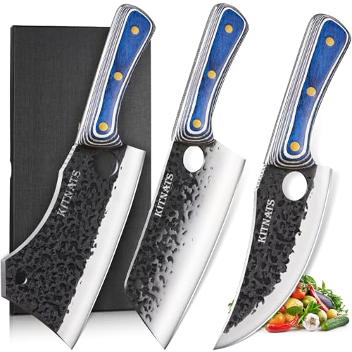 KITNATS 3PCS Butcher Knife Set, Hand Forged kitchen Knife Set-Heavy Duty Bone Chopper & Meat Cleaver & Viking Chef Knife Set for Home, Outdoor Cooking, Camping BBQ