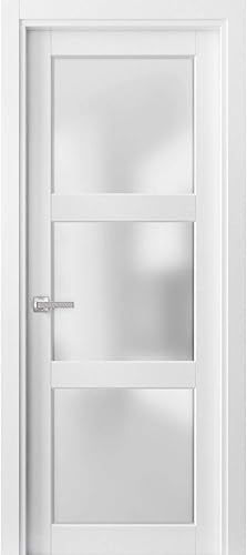 Vidrio esmerilado sólido para puerta francesa de 3 lites, 30 x 80 pulgadas, blanco mate Lucia 2552, mango de marco de panel regular, puertas