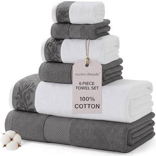Modern Threads 600 GSM 6-Piece Towel Set with Filgree Jacquard Border Charcoal