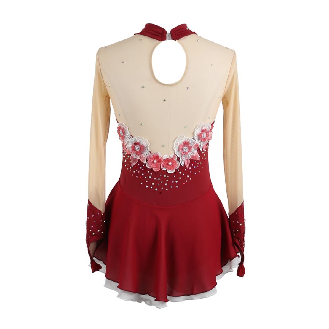 Enfant Fille Robe Patinage Artistique Manches Longues Fleurs Strass Justaucorps Gymnastique Tenue Robe Danse Danse sur Glace Costume