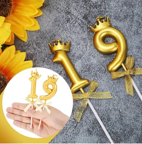 Image of Number 19 or 91 Candle with Crown for Birthday, Wedding, Valentines Day Celebration, Bridal Shower, Bachelorette Cake Topper for Decoration, 2 pc, Gold