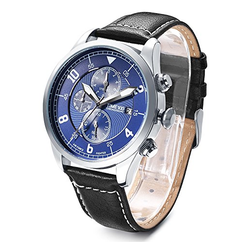 Time100 Mens Fashion Quartz Watch,Multifunctional Business and Leisure Watches with Three Sub Dial Chronograph Calendar and Genuine Leather Strap Watches