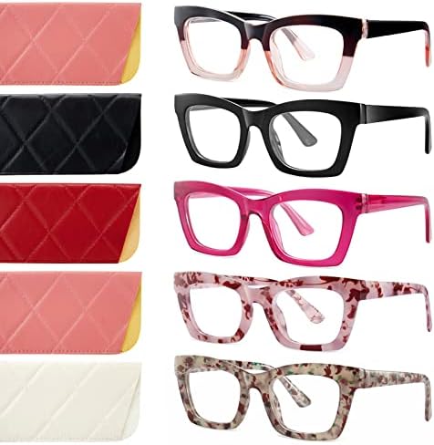 XXZQRYHN Reading Glasses for Women Men Blue Light Blocking 5 Pack Filter UV Ray Spring Hinge Reader Computer Square Fashion Eyeglasses (1.50x)
