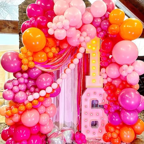 Image of Pink and Orange Balloon Arch Kit, ADOINBY 161Pcs Hot Pink Orange Metallic Gold Latex Balloon Garland kit, 18 12 10 5 Inch Different Size Balloons for Birthday Baby Shower Wedding Party Decorations