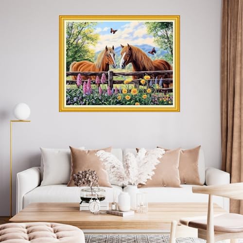 Image of Fanxvivy Stamped Cross Stitch Kits for Beginners Full Range of Cross Stitching Preprinted Embroidery Kits for Adults, 11CT Embroidery Pattern Needlepoint Kits-Couple Horse 16x20 inch