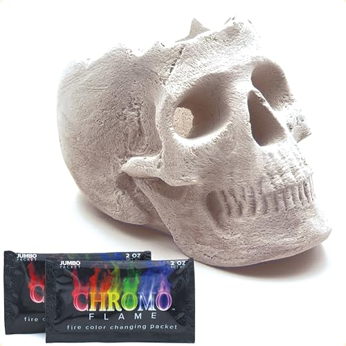 OSKER Open Top Fire Pit Skull with Fire Color Changing Packets | Ceramic Fireproof Log for Bonfire Campfire Fireplace Firepit | Halloween Decor | Gas Propane or Wood Fires | 9 Inch - Light Beige