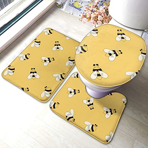 DIRYKILP Badematte + Konturmatte + Toilettendeckelbezug, Süße Biene 3 Stück Badematte Set, mit rutschfester Klebeunterseite