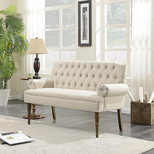 BELLEZE Button Tufted Mid-Century Settee Upholstered Vintage Sofa Bench with Linen Fabric Wood