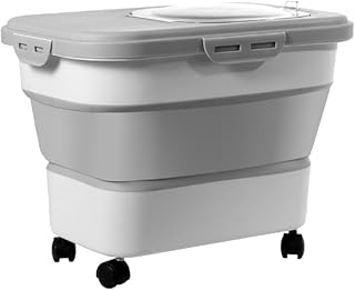 Folding Bucket with Wheels Airtight Storage Container for Flour Rice Grain Pet Food, Large Capacity Measuring Spoon and Cup for Kitchen Indoor Use (Folding Bucket)