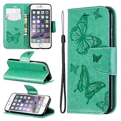 Wenlon Funda para iPhone 6 6S 6G, Butterfly Funda de Alta Calidad PU Cuero Cartera Cartera Cuero Funda Anti-Drop, Anti-Scratch - Verde