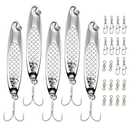 VOSSOT Blinker Angeln 25 Pcs Angelköder Set – 5 x 20g Silber Metall Angel Köder mit Drillingshaken & 20 x Raubfisch Köder Zubehör –Komplettset für Meeresangeln & Süßwasser, Zander Köder und Forelle