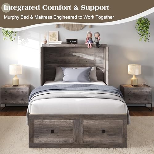 Image of LUXOAK Twin Murphy Bed with 6 inch Tri-Fold Memory Foam Mattress, Storage Drawer & Charging Station, Space-Saving Design for Home Office or Guest Room, Rustic Grey